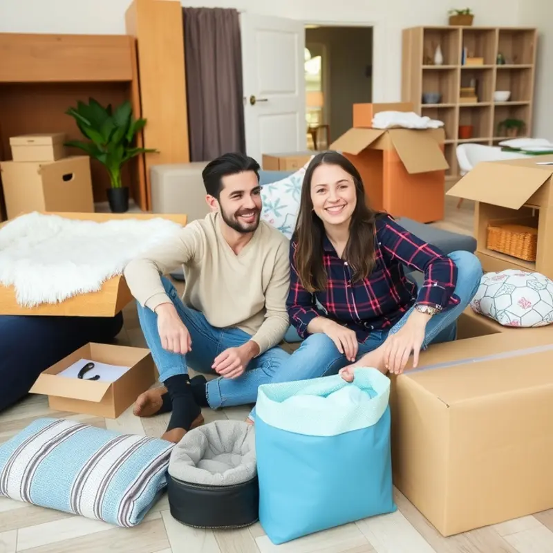 A couple embracing the decluttering process, deciding what to keep or toss.