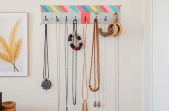 A cozy living room with creative DIY jewelry storage solutions including wall-mounted displays and decorative boxes.