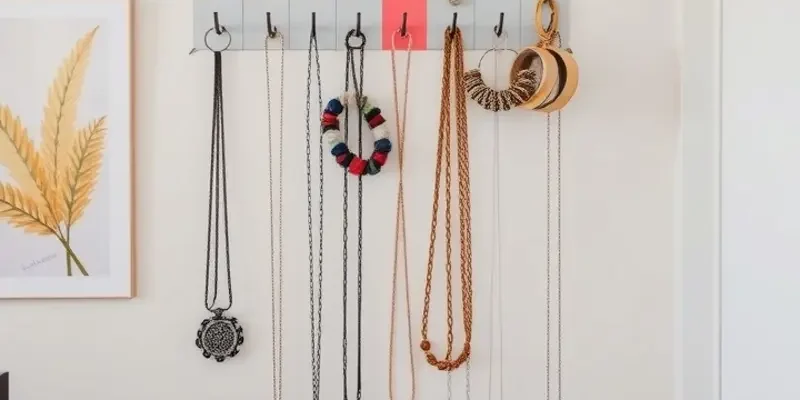 A cozy living room with creative DIY jewelry storage solutions including wall-mounted displays and decorative boxes.