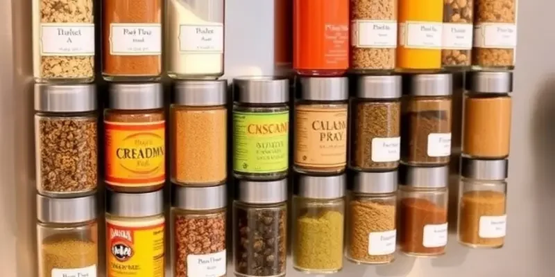 An inviting kitchen showcasing DIY rental-safe organizers like spice jars and hanging racks.