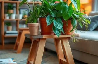 A bright living room decorated with various DIY plant stands and vibrant houseplants.