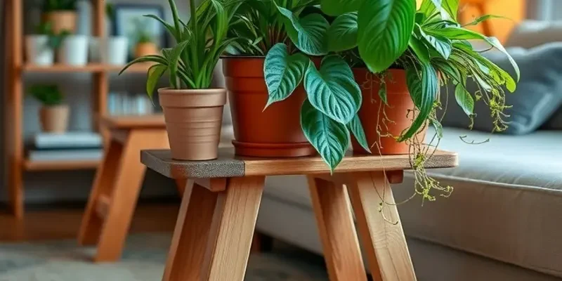 A bright living room decorated with various DIY plant stands and vibrant houseplants.