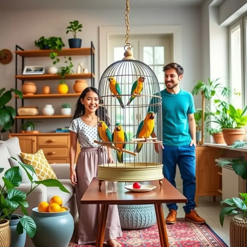 A family checks out their new pet-friendly apartment featuring a stylish birdcage.