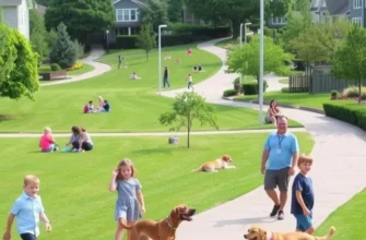 A happy family with pets outside a pet-friendly apartment amidst colorful gardens.