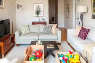 Cozy family apartment with organized kids' storage and a warm atmosphere.