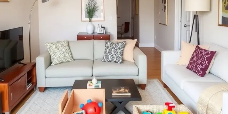 Cozy family apartment with organized kids' storage and a warm atmosphere.
