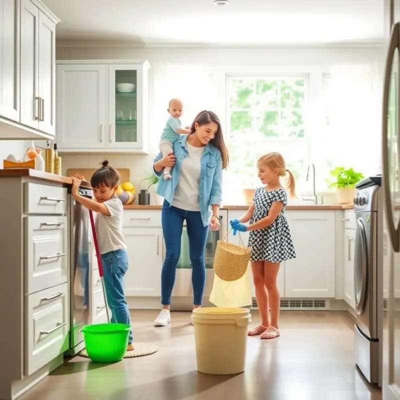Families working together to maintain a clean apartment.