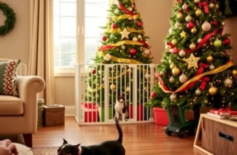 A warm family holiday celebration in an apartment, with happy pets enjoying the festive environment.