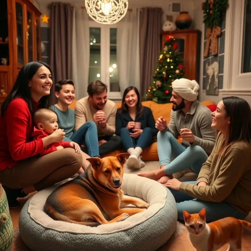 A festive yet pet-safe living room, highlighting safety measures during the holiday season.