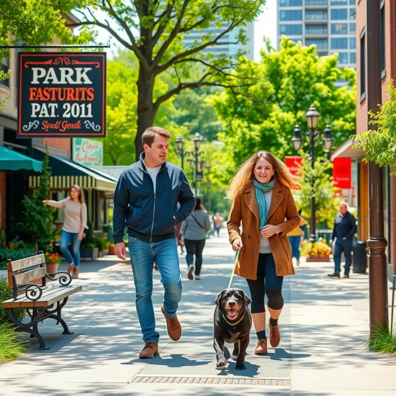 A family with their dog exploring a pet-friendly neighborhood.