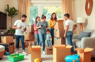 Families laughing and unpacking boxes in a sunlit living room.