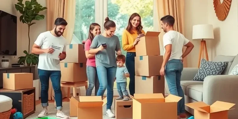 Families laughing and unpacking boxes in a sunlit living room.