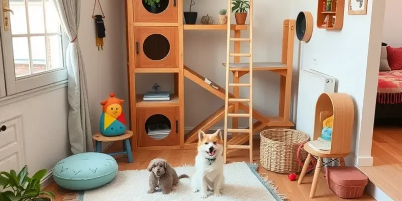 A family with kids and pets happily engaging with each other in a modern apartment.