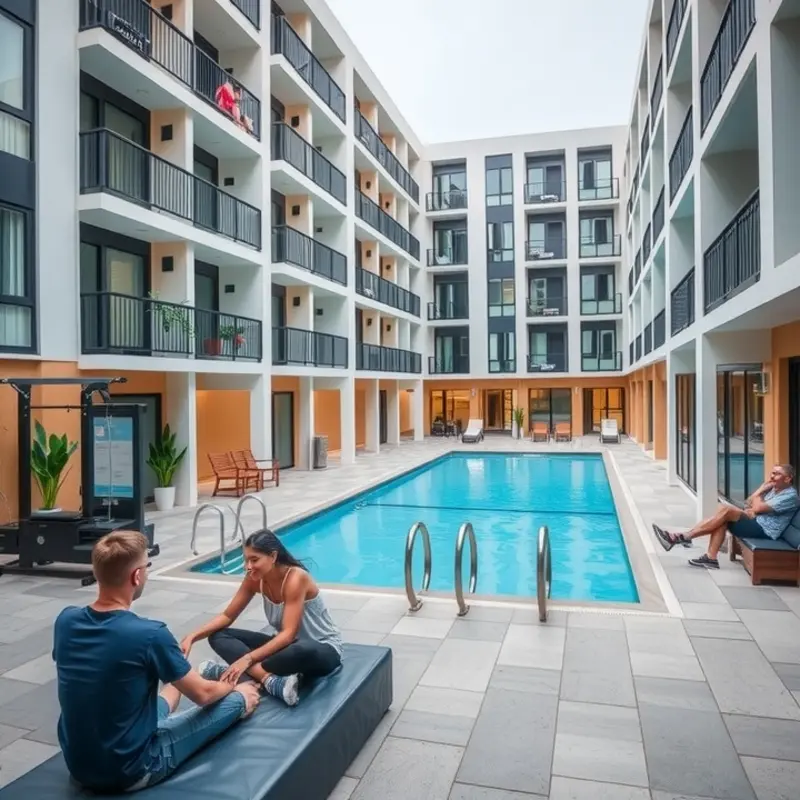 A vibrant apartment complex featuring fitness and leisure facilities enjoyed by young renters.