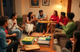 A group of friends laughing around a table enjoying board games and snacks.