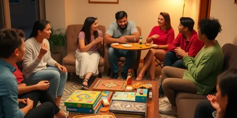 A group of friends laughing around a table enjoying board games and snacks.