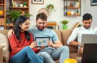 A diverse group of young adults and families enjoying productive time together in a stylish apartment, using productivity apps to enhance their living experience.