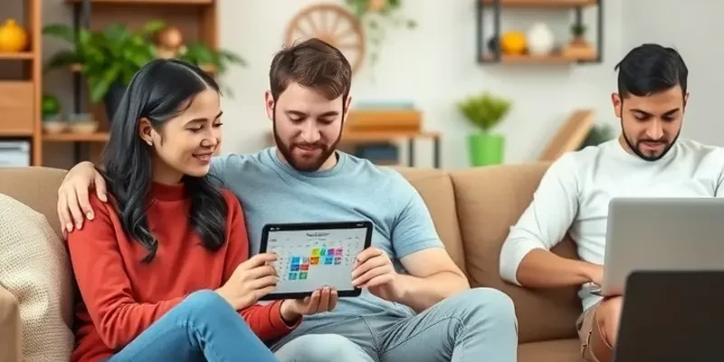 A diverse group of young adults and families enjoying productive time together in a stylish apartment, using productivity apps to enhance their living experience.