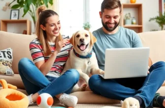 A pet owner playing with their dog inside a bright apartment filled with plants and comfortable furnishings.