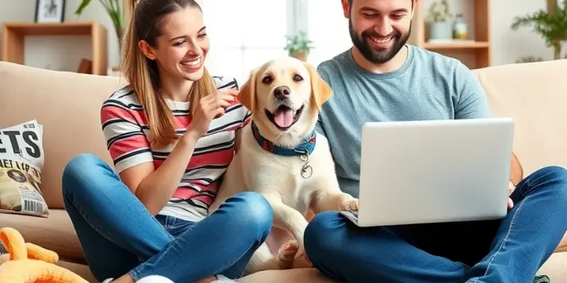 A pet owner playing with their dog inside a bright apartment filled with plants and comfortable furnishings.