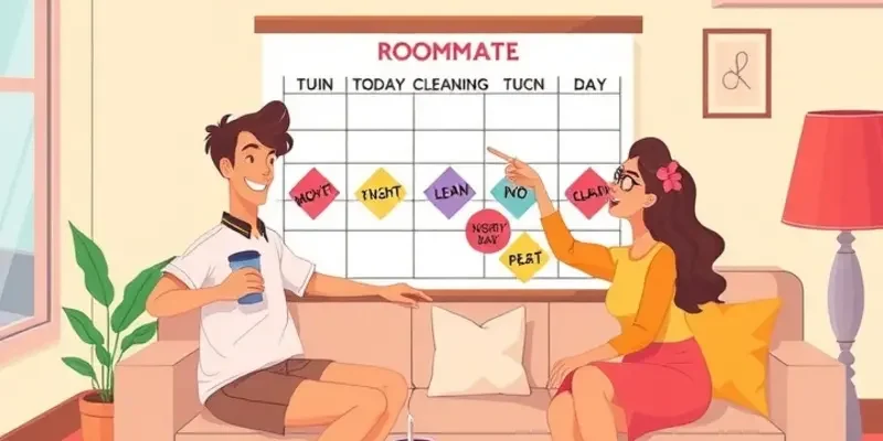Group of diverse young renters having fun in a lively apartment, engaging with each other in a cozy atmosphere decorated with schedules and vibrant items.
