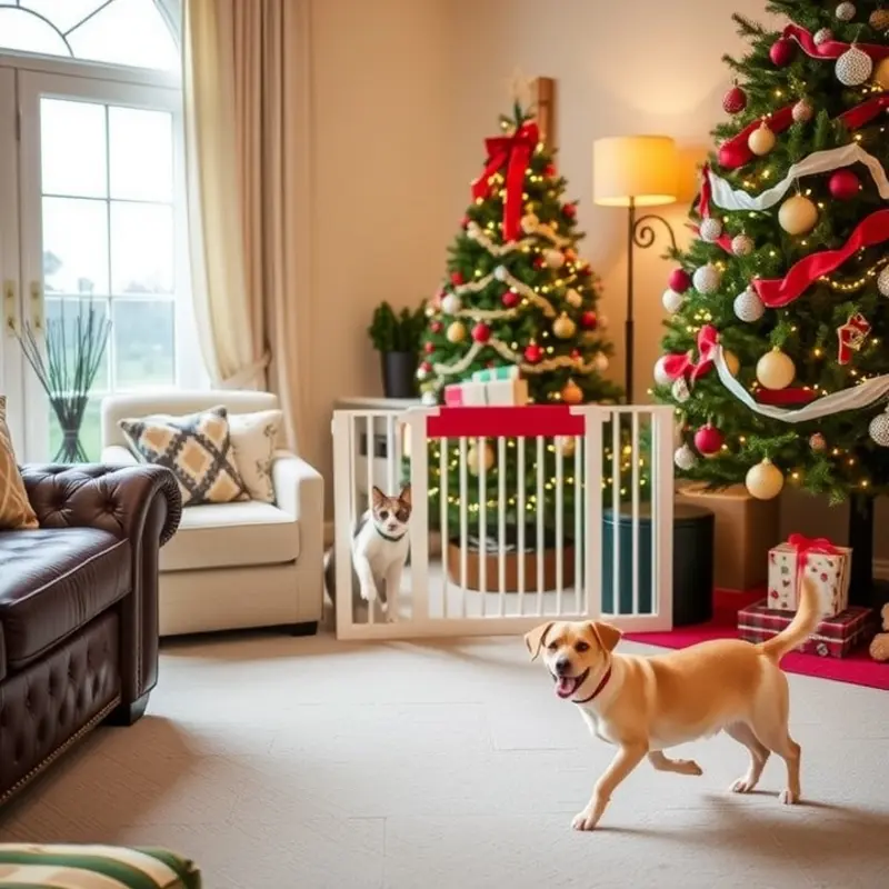 A festive yet pet-safe living room, highlighting safety measures during the holiday season.