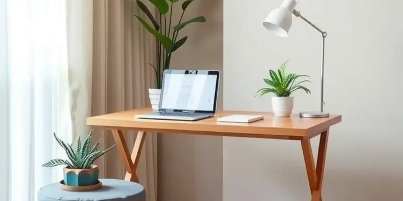 A stylish living space with cozy lighting and decorative office furniture, perfect for working from home.