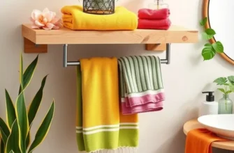 A stylish bathroom displaying a wall-mounted towel rack and decorative baskets for storage.