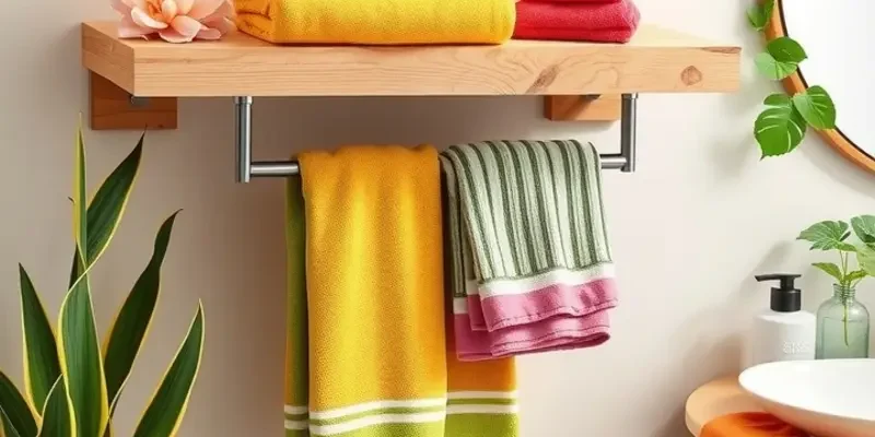 A stylish bathroom displaying a wall-mounted towel rack and decorative baskets for storage.