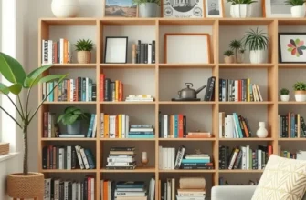 A cozy living room with a well-decorated bookshelf filled with books, plants, and personalized decor.