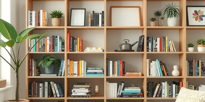 A cozy living room with a well-decorated bookshelf filled with books, plants, and personalized decor.
