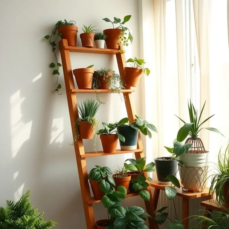 An upcycled wooden stool serves as a unique plant stand in a stylish apartment setting.