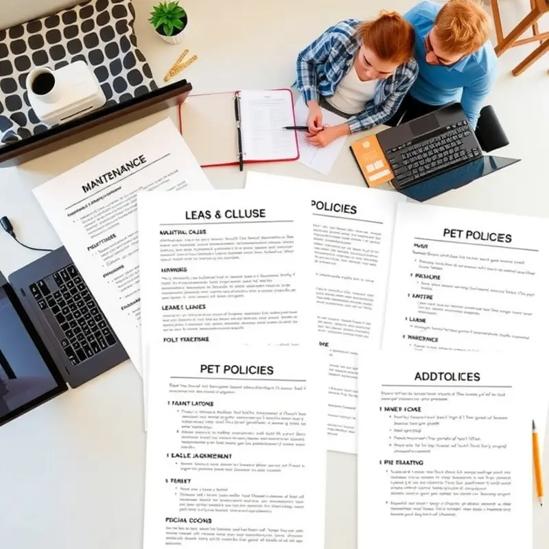 Young renters analyzing various lease addendums at home.