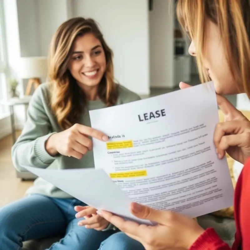 Discussing essential lease terms in a cozy apartment setting.