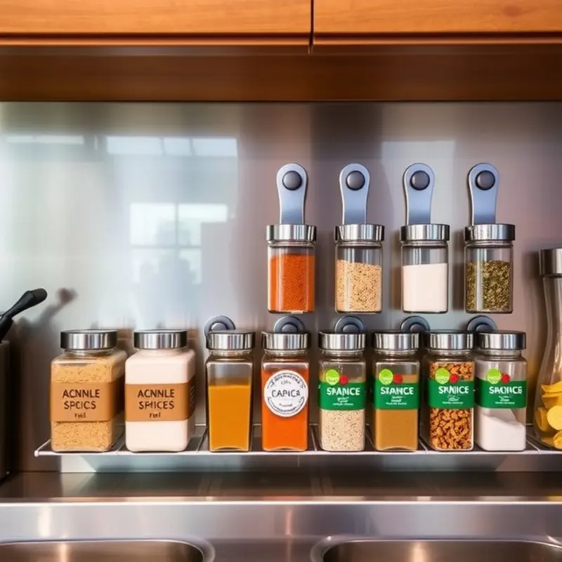 Stylish magnetic spice jars neatly organized in a vibrant kitchen.