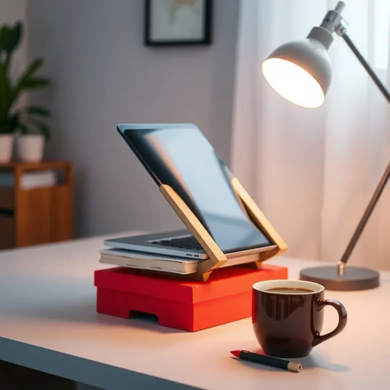 An upcycled wooden laptop stand adding a touch of elegance to a workspace.