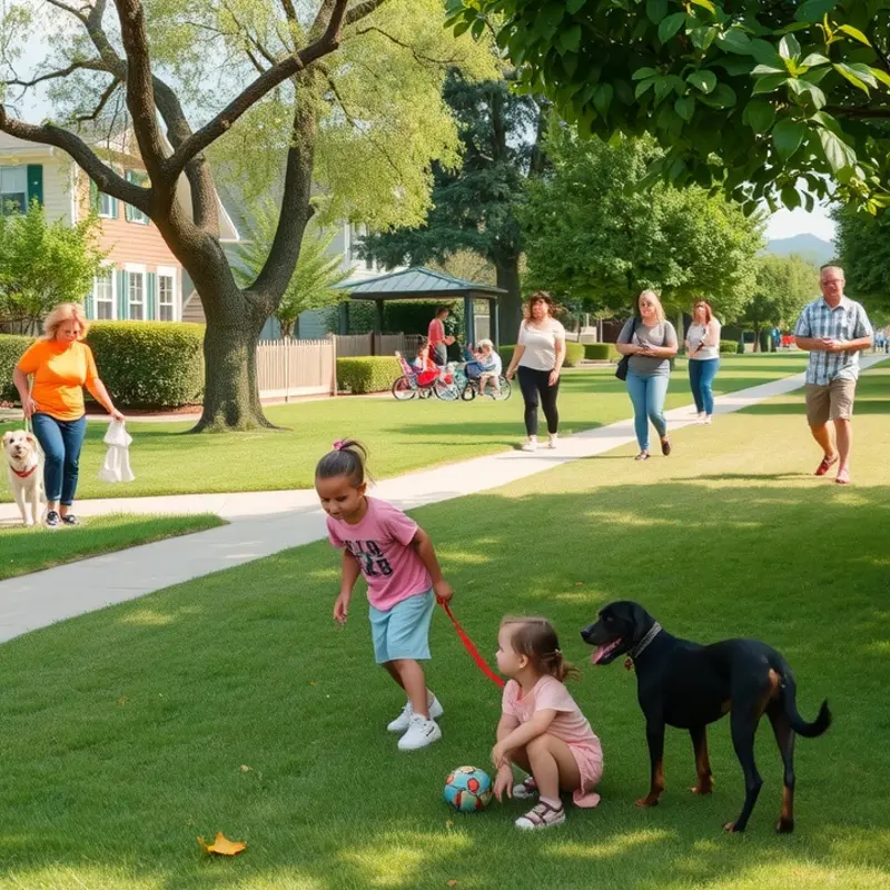 A welcoming neighborhood park with playful families and pets.