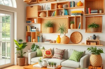 A corner of a stylish apartment showing DIY basket storage solutions filled with decorative items.