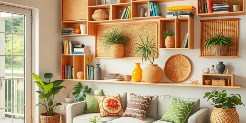 A corner of a stylish apartment showing DIY basket storage solutions filled with decorative items.