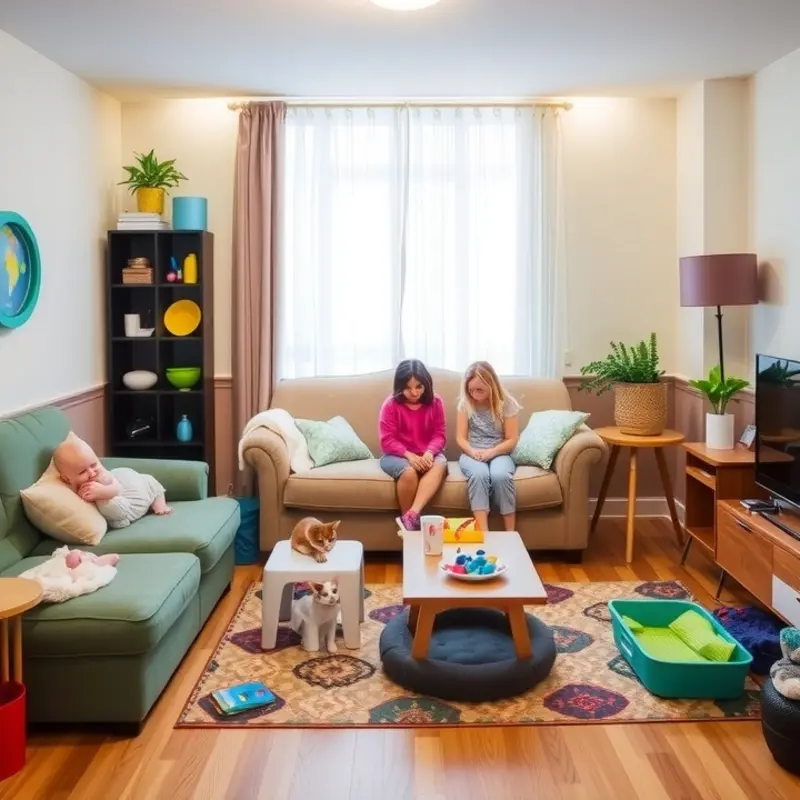 A well-arranged pet-friendly apartment space filled with comfort for both families and foster pets.