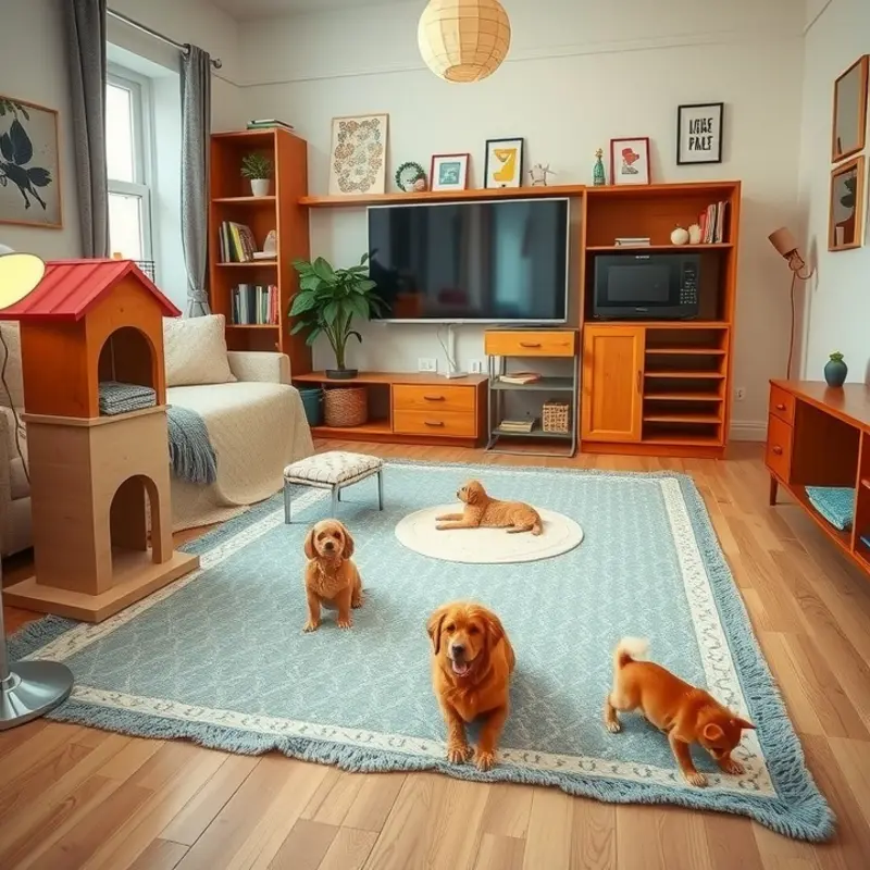 A designated play space for pets in an apartment, filled with toys and climbing structures.