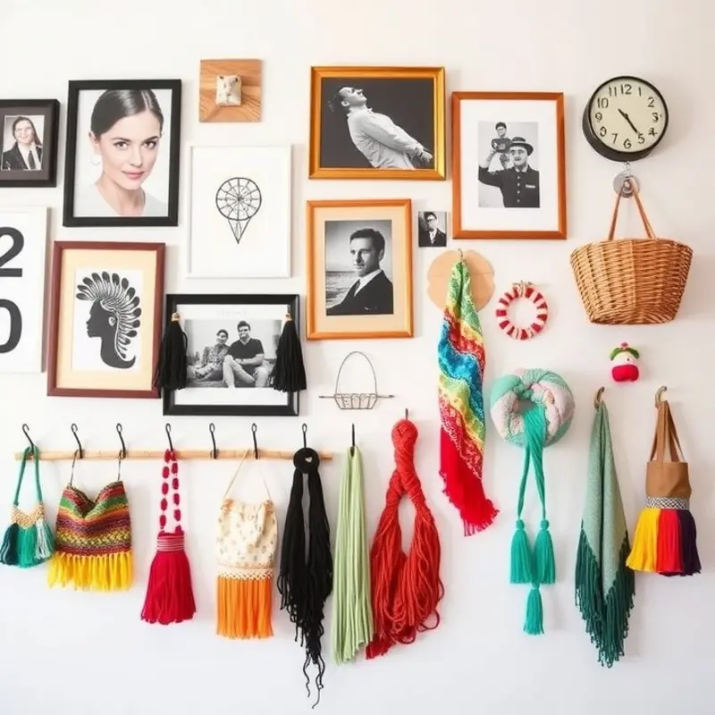 A creative wall display utilizing renter-safe hooks for showcasing art.