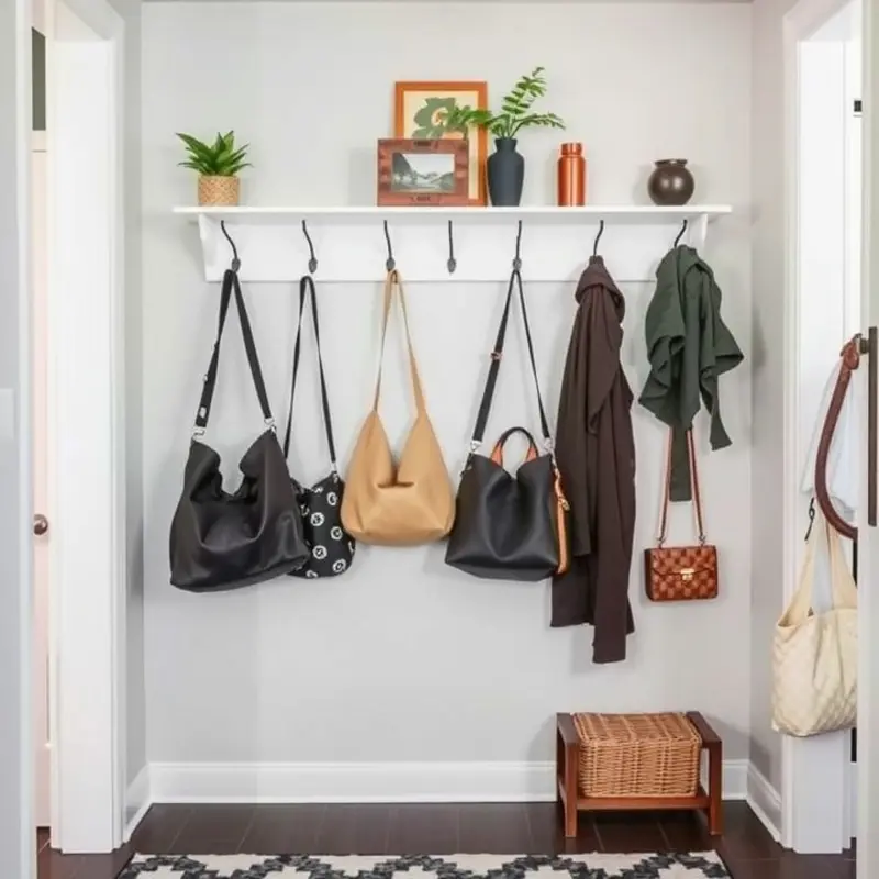 A creative wall display utilizing renter-safe hooks for showcasing art.