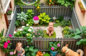 A tranquil garden with children and a dog in an apartment setting, surrounded by lush greenery.