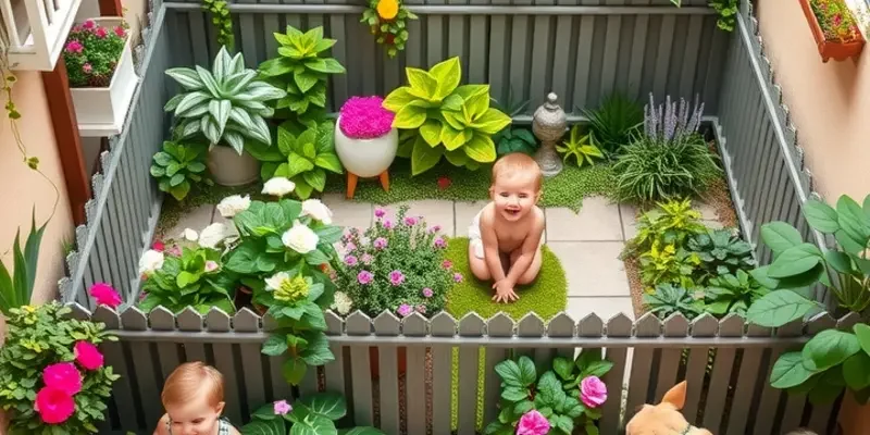 A tranquil garden with children and a dog in an apartment setting, surrounded by lush greenery.