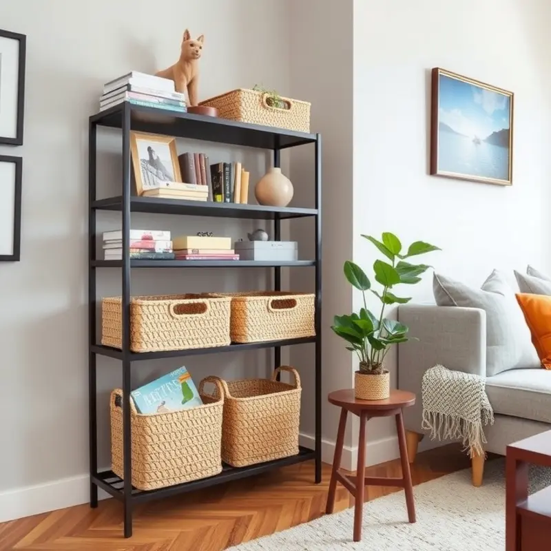 A vibrant basket wall in a living room, showcasing creative DIY storage solutions.
