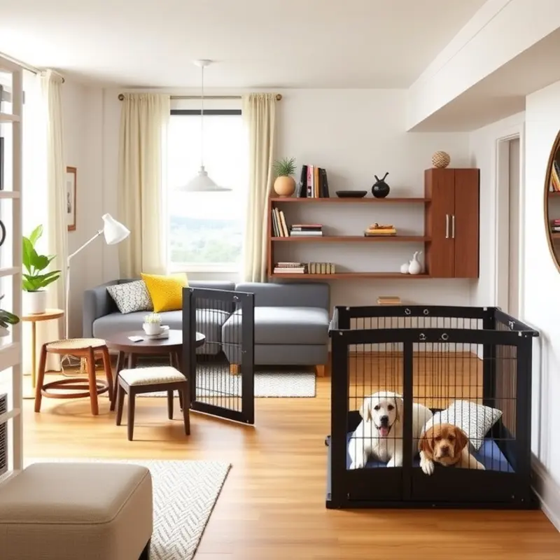 Living room with effective pet containment strategies in a stylish apartment.