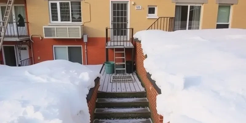 Snowy apartment complex with visible safety measures to prevent ice hazards, illustrating winter readiness.