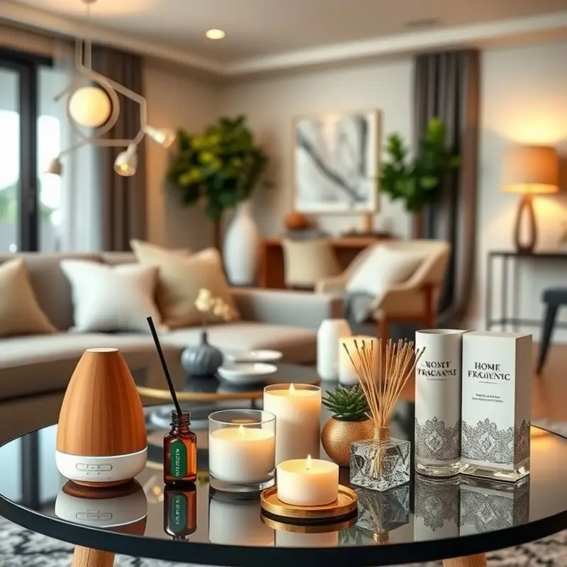 A variety of home fragrance options gracing a chic apartment.