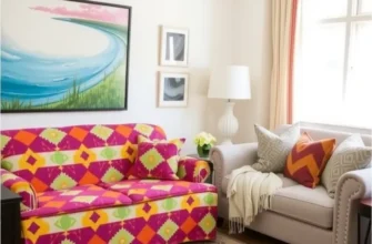 A rental living room displaying creative and stylish DIY furniture protectors such as slipcovers and decals.